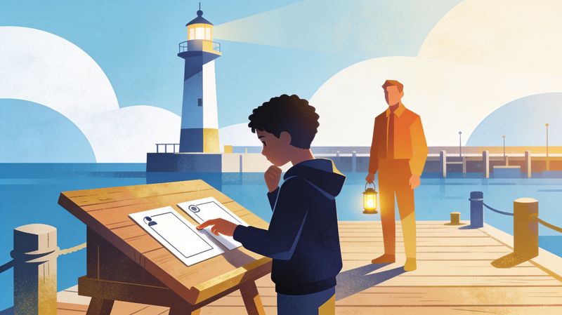A young learner at a harbor worktable studies two role cards while a warm mentor with a lantern stands nearby; a beacon tower rises behind them.